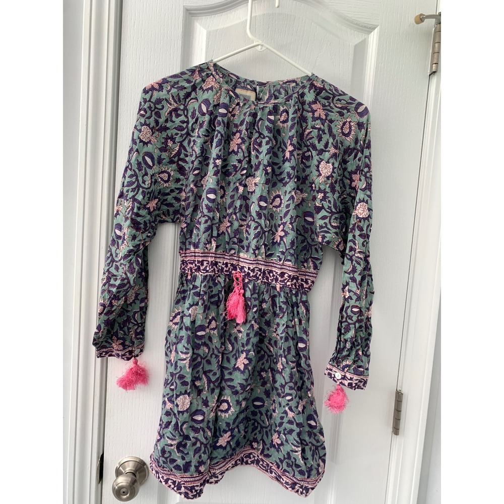 Bell by Alicia Bell Cotton Block Print Mini Dress Teal Pink Floral Tassels S